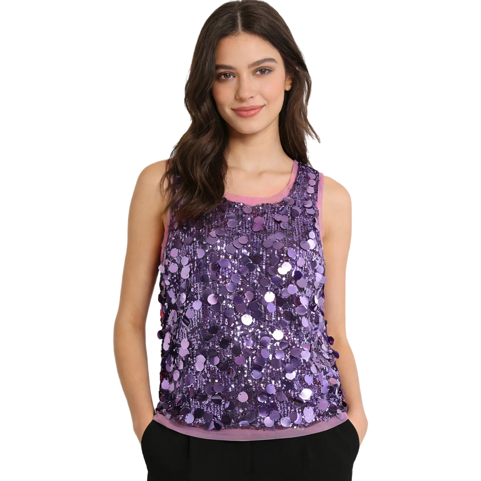 Women's Sleeveless Top Sequins Loose Vest Disco Costume Tank Top Nightclub Fashion Streetwear Shiny Clubwear Rave Party Outfit