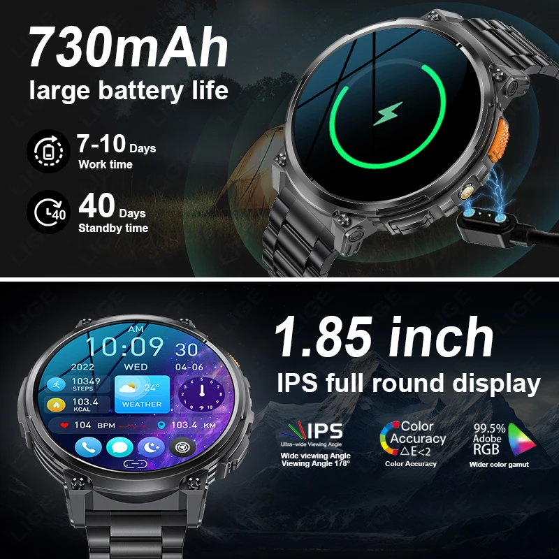 LIGE Outdoor Smart Watch Men 2025 Bluetooth Call Sport Fitness Watch 730mAh Big Battery Health Monitoring Smartwatch Android iOS