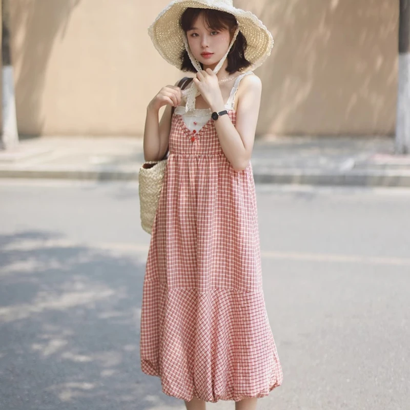 韓国の夏の新しい婦人服赤チェック柄かわいい甘いレーススリングドレスルーズ薄型ノースリーブかわいいミディアムロングドレスレディース