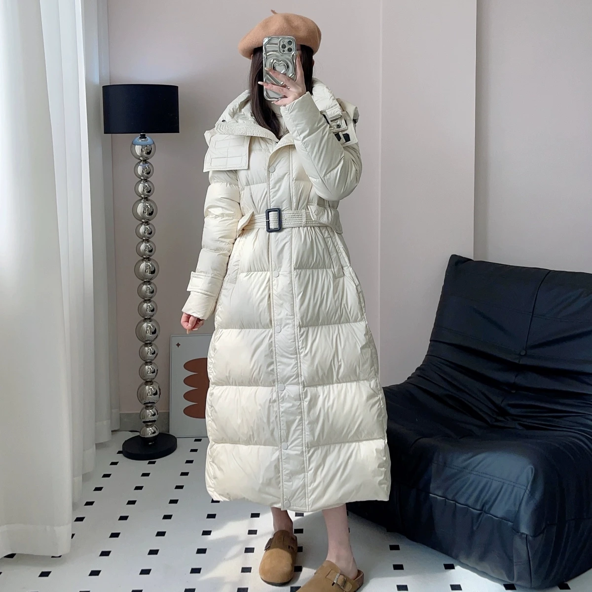 أسود 90% أسفل الأبيض بطة أسفل سترة 2025 شتاء موضة جديدة مزاجه سليم مقنعين أسفل معطف الإناث سترة دافئة معطف طويل