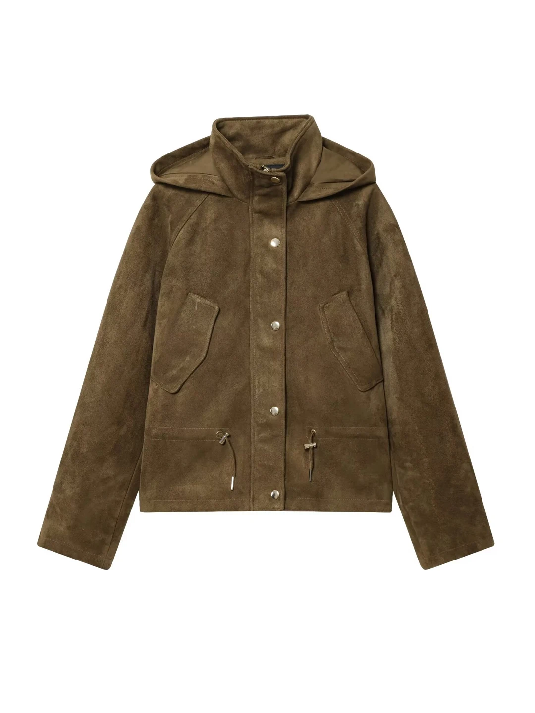 Chic couleur kaki Biker ort Jaet femmes coupe ample décontracté Sle manteau avec capuche taille intérieure daim matériel automne vêtements d'extérieur