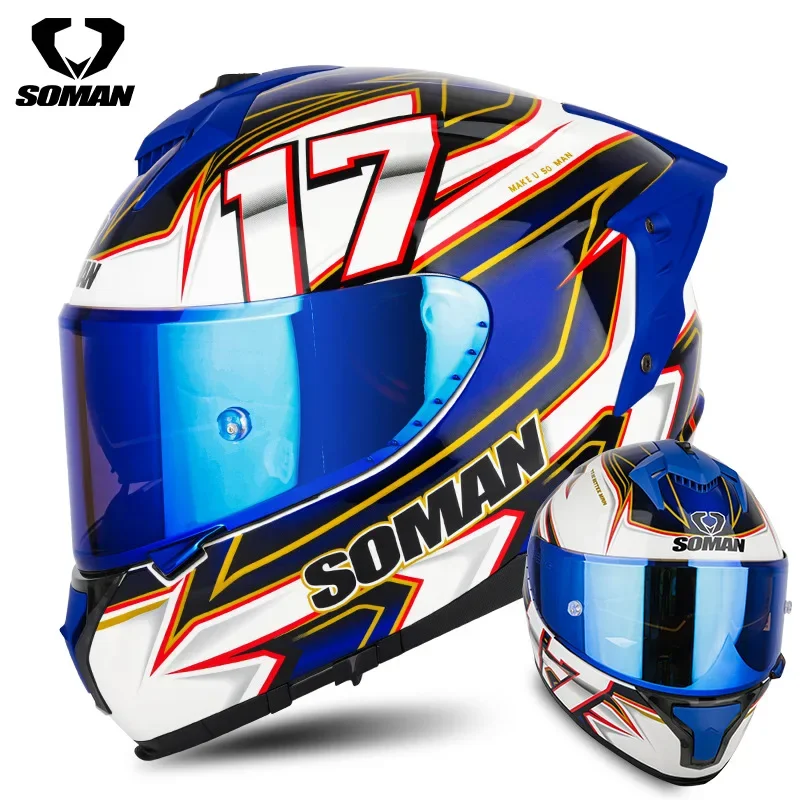 SOMAN SM961-S Newly Upgraded Motorcycle Racing Helmet Men's and Women's Four-season Double Lens Tail Full Helmet DOT Certified