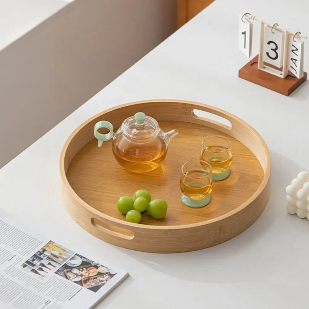 New Round Wood Tray 25/30/35/40CM Wooden Tea Food Tray With Handle Dessert Pallet Breakfast Dinner