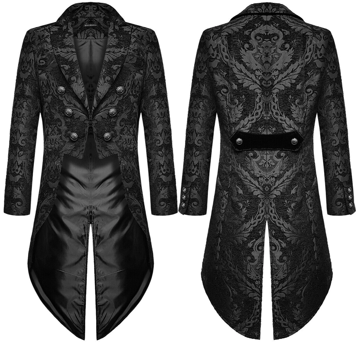 

Devil Fashion Mens Gothic Steampunk Tailcoat Jacket Black Brocade Damask Wedding