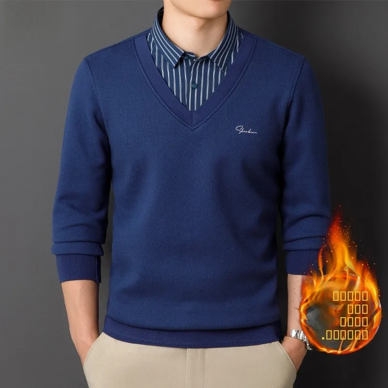 

Paul Winter Warm Fce Lined Slim Fit Thiened Hoodie Knitted Sweater Youth Men's irt Collar Fake Two-Piece Knitwear