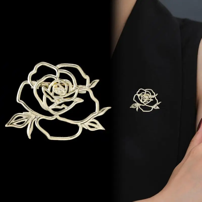 Korean Lapel Pins Simple Hollowed Out Rose Brooch For Women Men Unisex Corsage Pin Temperament Suit Coat Party Accessories Gift