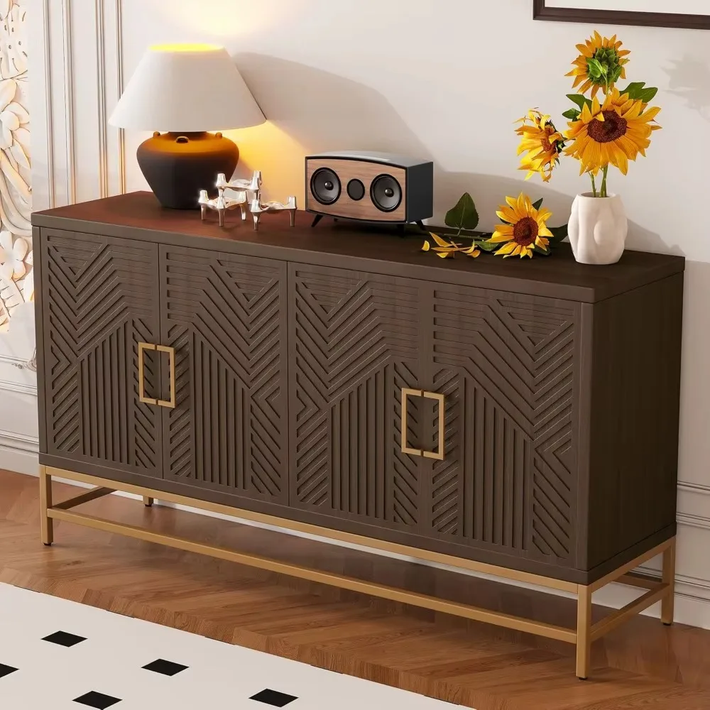 Accent Sideboard Cabinet 59.8-Inch Retro Credenza Console Storage Cabinet Dining Buffet Table with 4 Doors & Adjustable