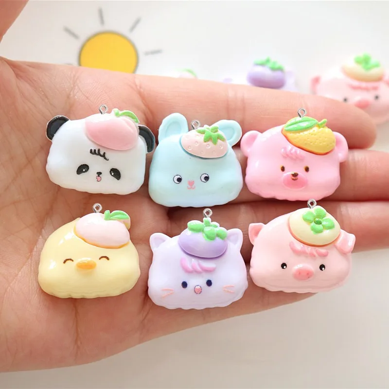 10Pcs Kawaii Fruit Animal Resin Charms Cartoon Panda Pig Cat Bear Rabbit Chick Pendants for DIY Jewelry Keychain Accessories