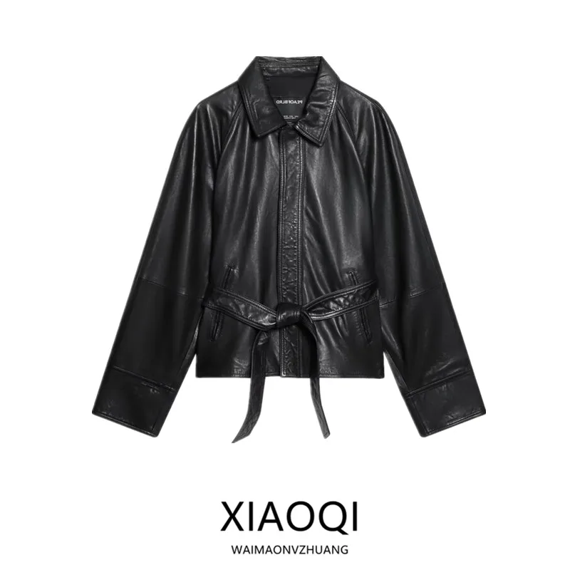 Bla ort Leather Jaet Women's Faionable Versatile Winter New Arrival Belted Coat Commute Sle Long Sve Button Closure