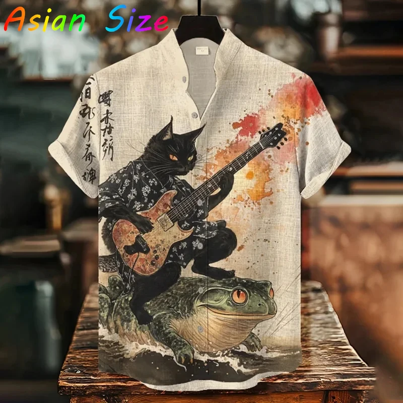 

Мужские рубашки в винтажном японском стиле 2025 года с графическим изображением кота с гитарой, гавайские рубашки, одежда в стиле Харадзюку, блузки с мультяшными лягушками, японское искусство, камиса
