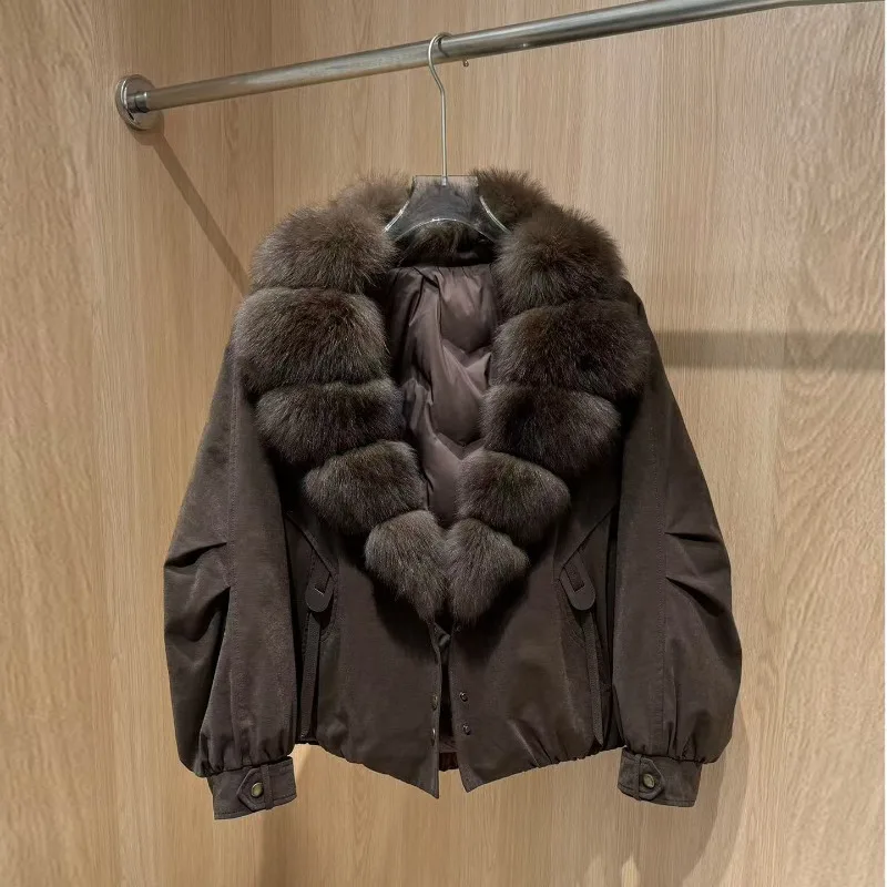 2026 winter new fur fox big fur collar white duck down jacket women's short loose coat thickened pie overcome