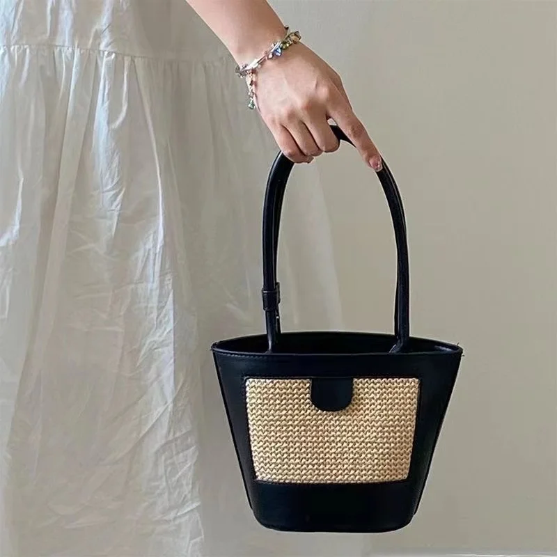 2022 Elegant Ladies Straw Woven PU Leather Handbag Women Holiday Beach Casual Tote Top-Handle Bags Fashion Retro Shoulder Bags