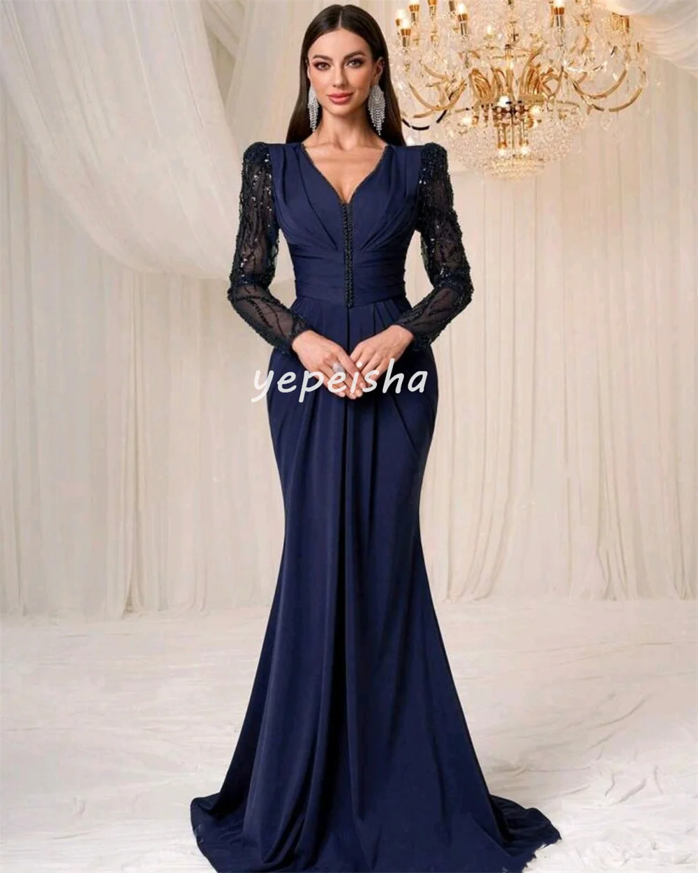 Personalizado sexy combinando chiffon plissado drapeado miçangas lantejoulas sereia com decote em v vestidos longos sob medida vestidos de ocasião de alta qualidade