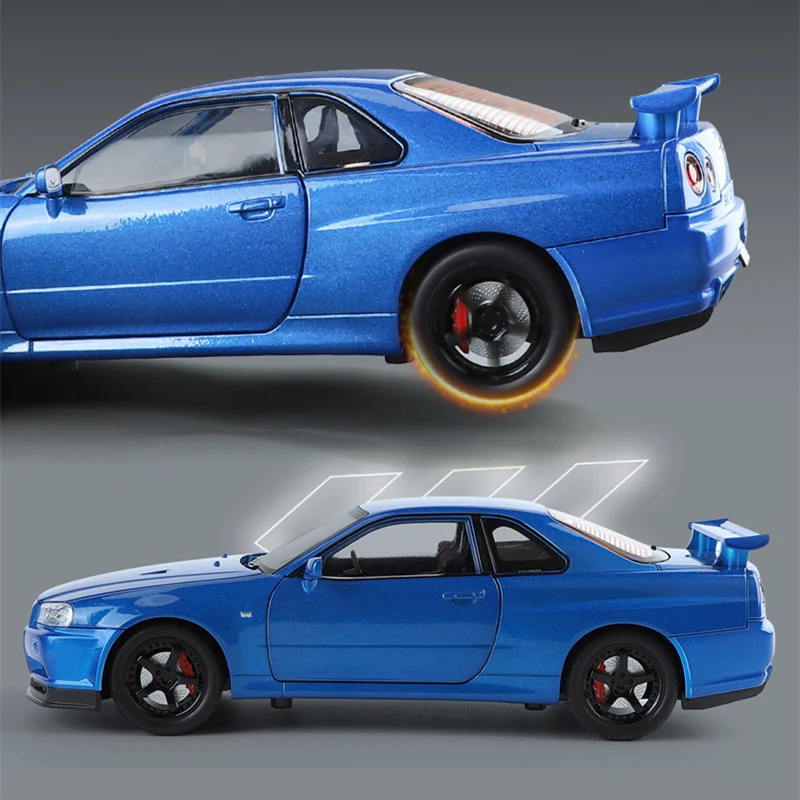 1:24 Nissan Skyline Ares GTR R34 Alloy Sports Car Model Diecasts Metal Racing Car Vehicles Model Sound Light Childrens Toys Gift