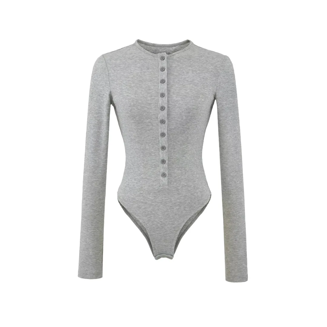 

Women Long Sleeve Button Up Bodysuit Jumpsuit