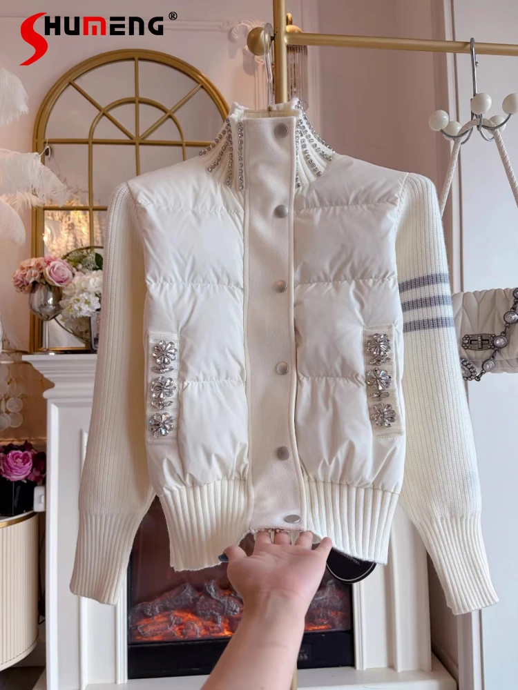 

2025 Women's Autumn Winter New Diamond-Studded Trendy Coats Knitted Splicing Parkas Women's Long Sleeve Pocket Decoration Parkas