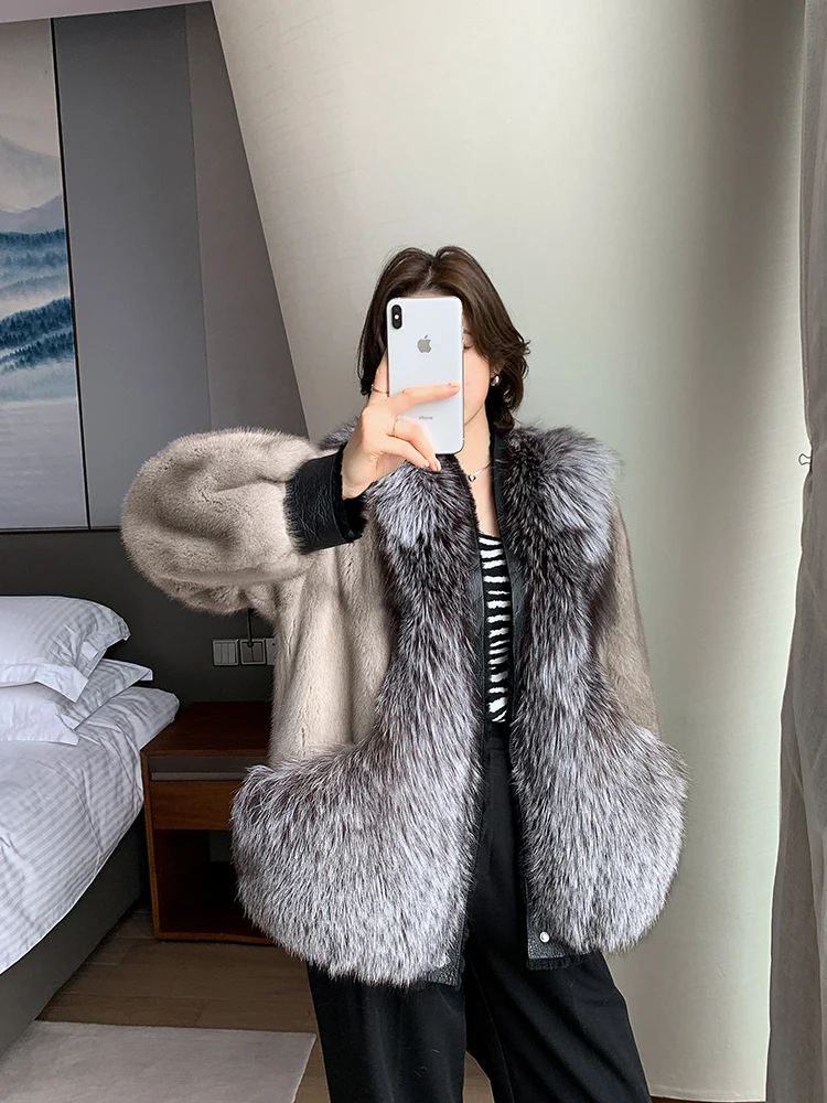 HDHOHR New 100% Natural Importe Mink Fur Coats 2024 Winer Real Fox Fur Jacket Women Fashion Warm Female Short Real Mink Fur Coat