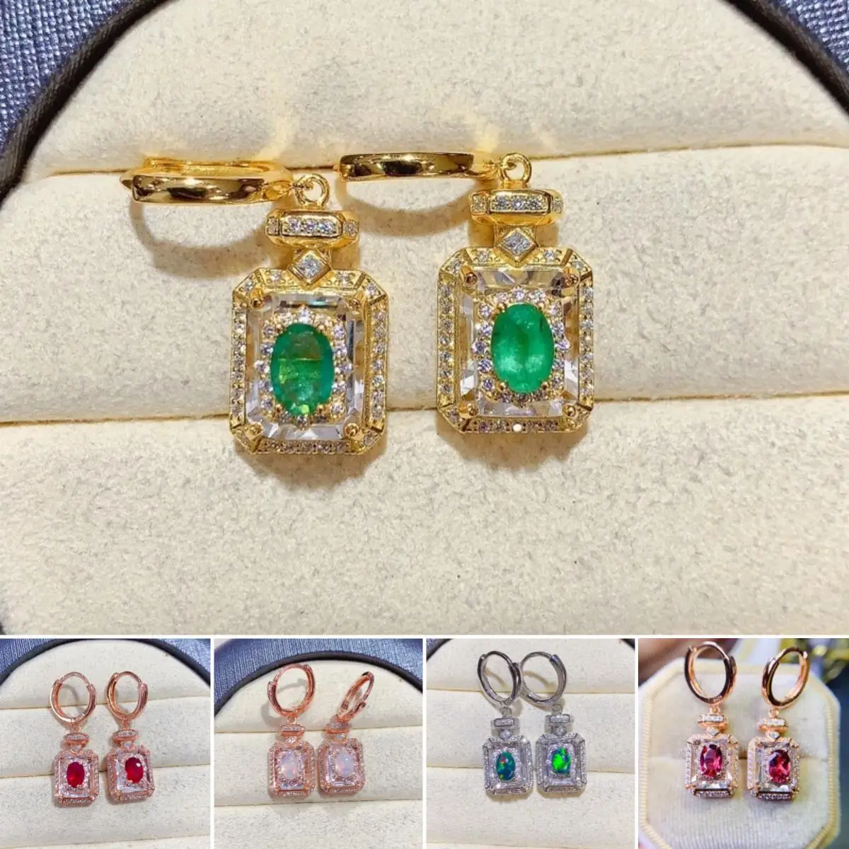 

FS 4*6Natural Emerald/Opal/Ruby Perfume Bottle Earrings S925 Pure Silver Fine Fashion Weddings Charm Jewelry for Women 2023