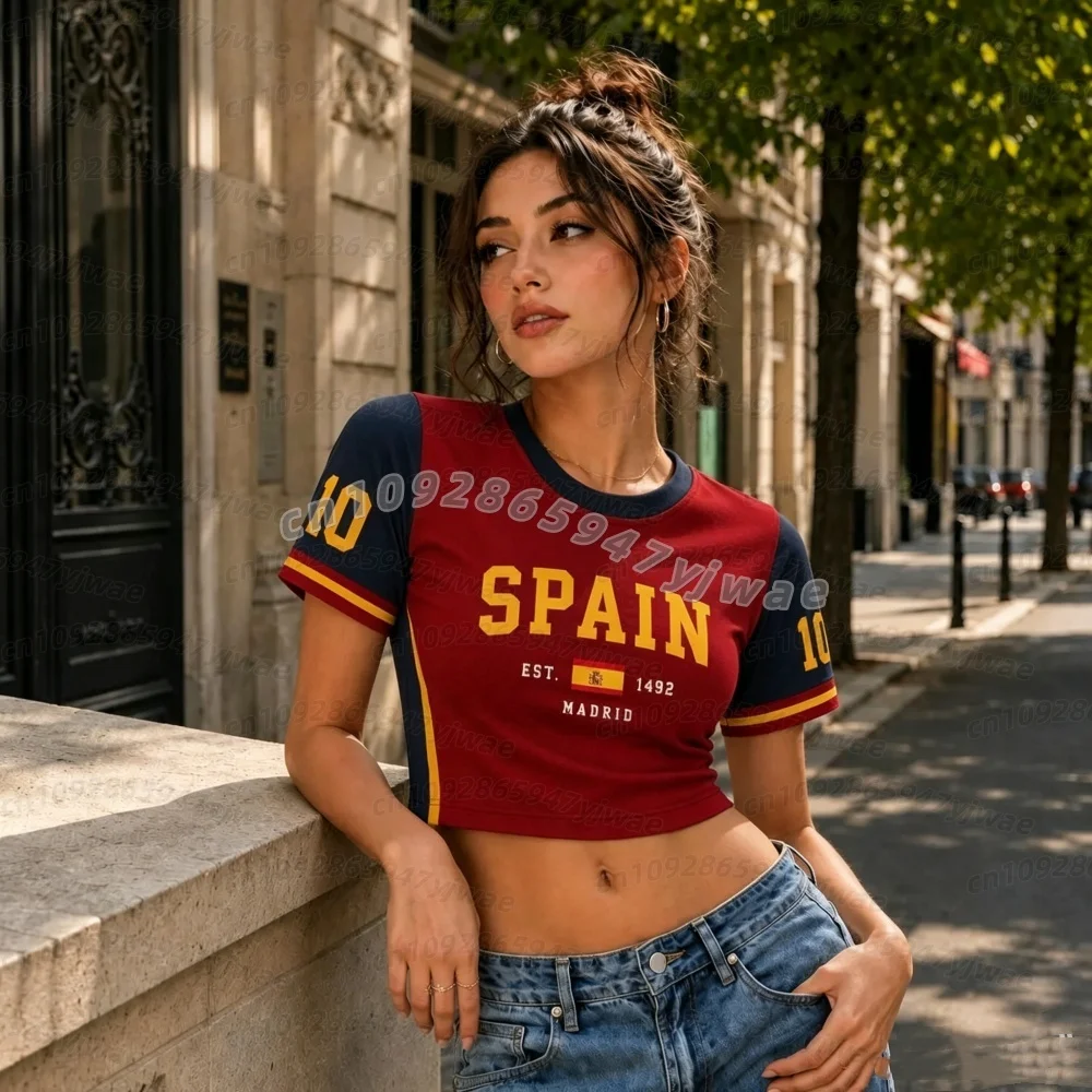26 Women SPAIN FLAG Soccer FANS Crop Top Jersey, Football FANS Tee Women Romance Football Jersey, Short Sleeve Women T-Shirt