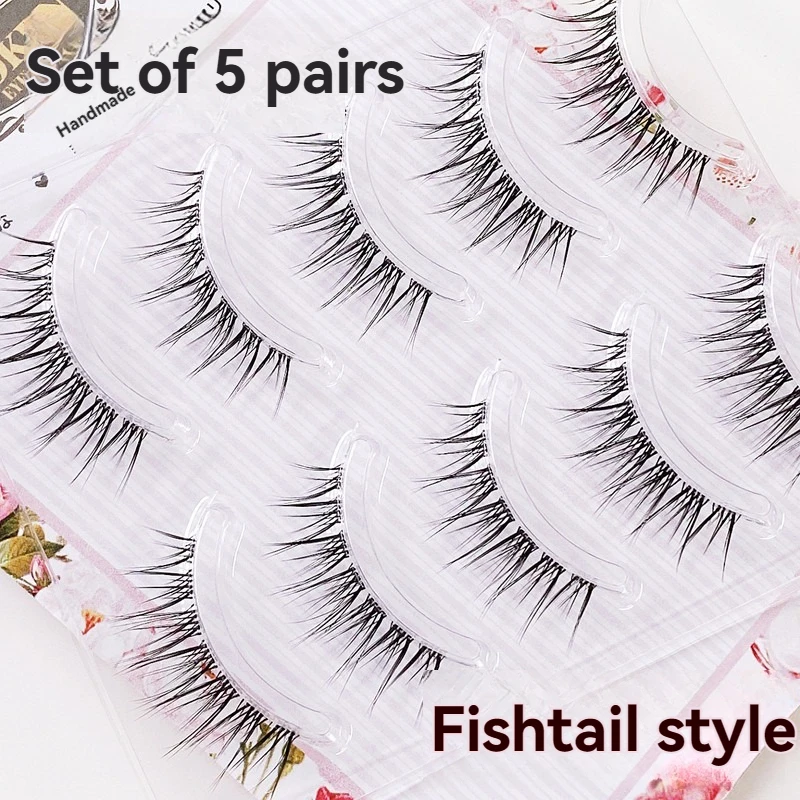 YOKPN 5 пар натуральных накладных ресниц с эффектом рыбьего хвоста, прозрачная тонкая основа, мягкая основа, густые перекрещенные ресницы для создания эффекта больших глаз.
