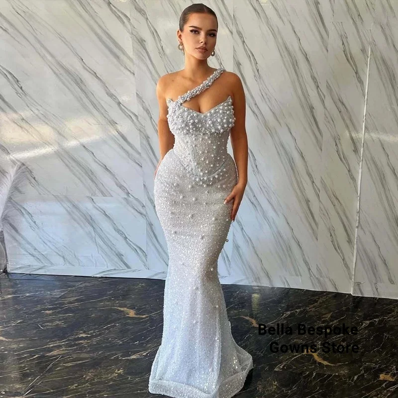 

Beads Formal Evening Dress Bling Tulle One Shoulder Trumpet Sweep Train Vestidos De Gala Customized