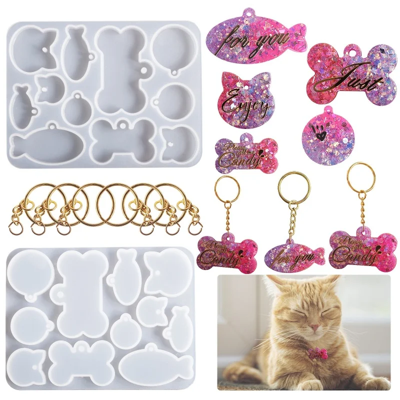 DIY Pet Cat Hanging Silicone Molds Crystal Handmade Bone Pendant Anti Loss Nameplate Keychain Resin Mold Crafts Cake Food Baking