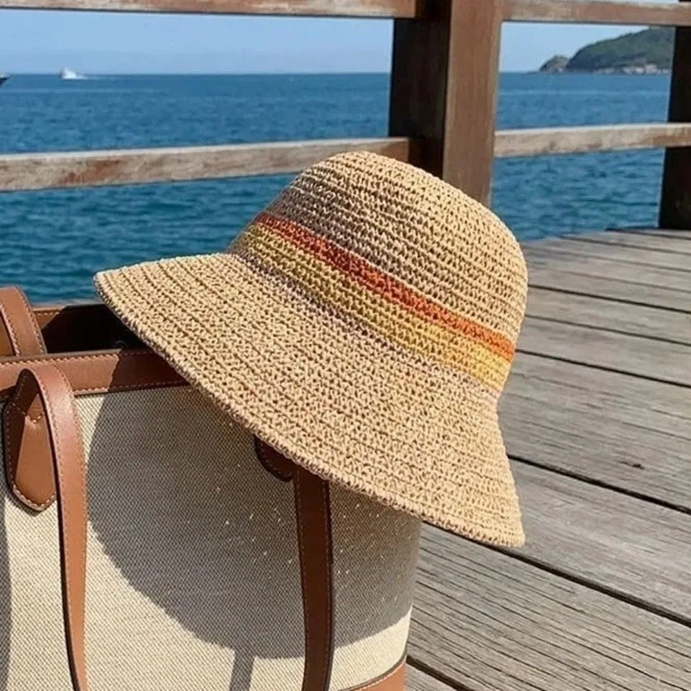 

Fashion Flat Brim Wide Brim Bucket Hat Breathable Contrast Stripes Hollow Straw Cap Casual UV Protection Sun Hat Beach Vacation