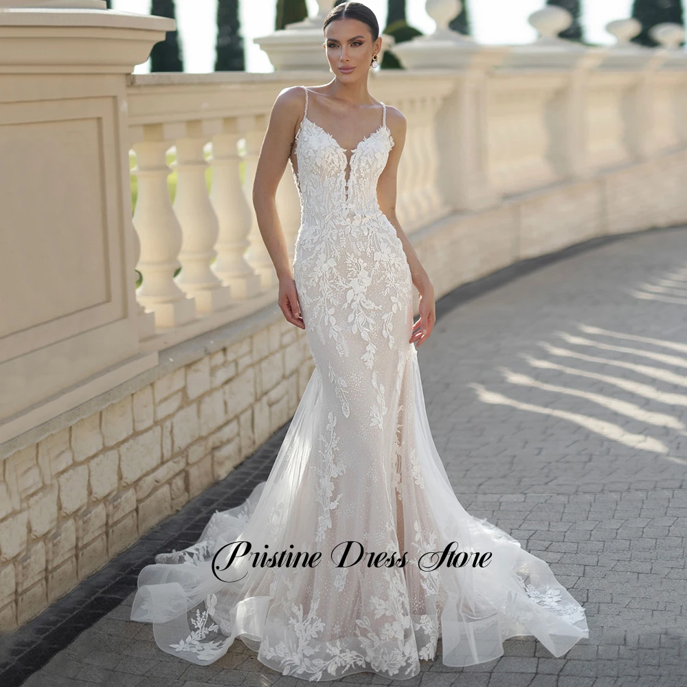 Luxury Mermaid Tulle Wedding Dress Women Spaghetti Straps Appliques Lace Customized Sleeveless Bridal Gowns with Court Train