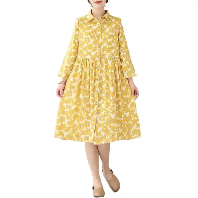 Women's Floral Dr irt Collar mid Length Casual Cotton A-Line Skirt Nine Sve Sli Comfortable Fit for Various Ocns