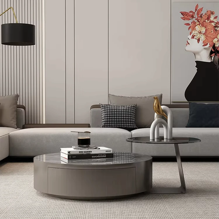 

￥#Combination Circular Natural Marble Coffee Table Black Stainless Steel Table Legs Coffee Table in the Living Room