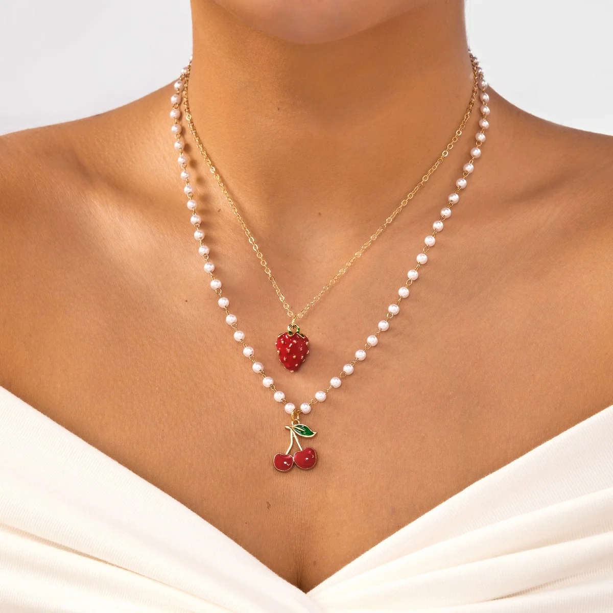 Reisperlen-Erdbeer-Anhänger-Halskette für Damen und Herren, süße, niedliche Kirsch-Herz-Schleifen-Quasten-Halskette, Y2K-Sommer-Modeschmuck – Detail 16