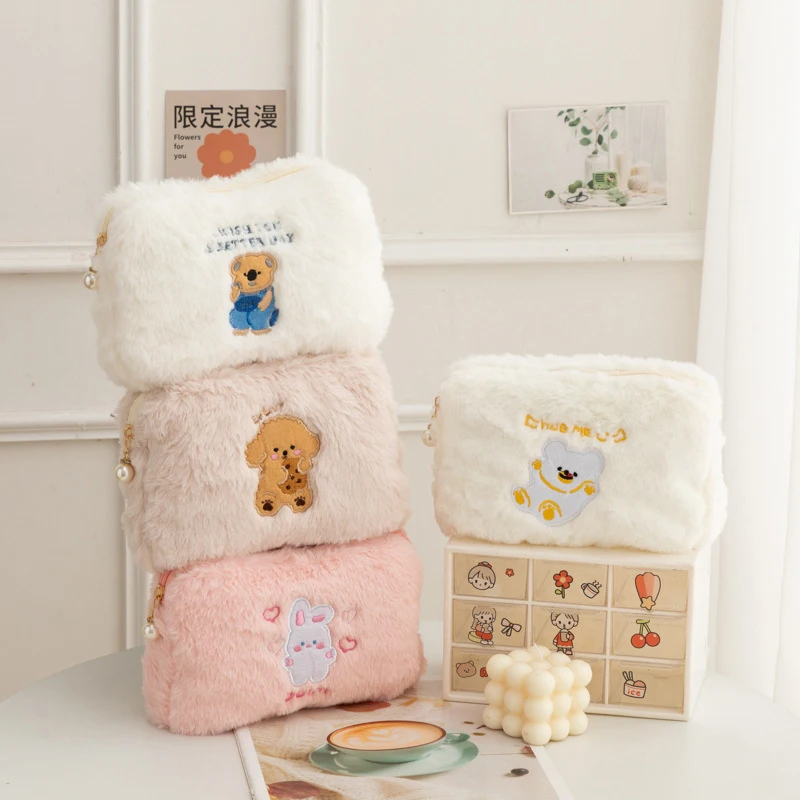 Plush Makeup Bag Cute Little Bear Rabbit Portable Storage Wash Bag Girl Large Capacity Embroidery Bag Travel Cosmetic Organizer