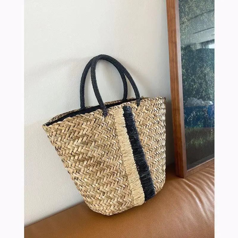 rilore-natural-water-grass-woven-bag-large-capacity-handheld-beach-vacation-bag-retro-black-handbag-custom-design-service