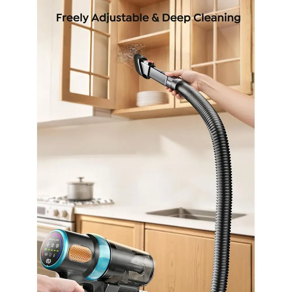 مكنسة كهربائية لاسلكية مطورة بقدرة 600 وات 50 كيلو باسكال، وقت تشغيل 65 دقيقة، خرطوم 3.3 قدم، شاشة لمس LED، حامل جداري لتنظيف المنزل والسيارة