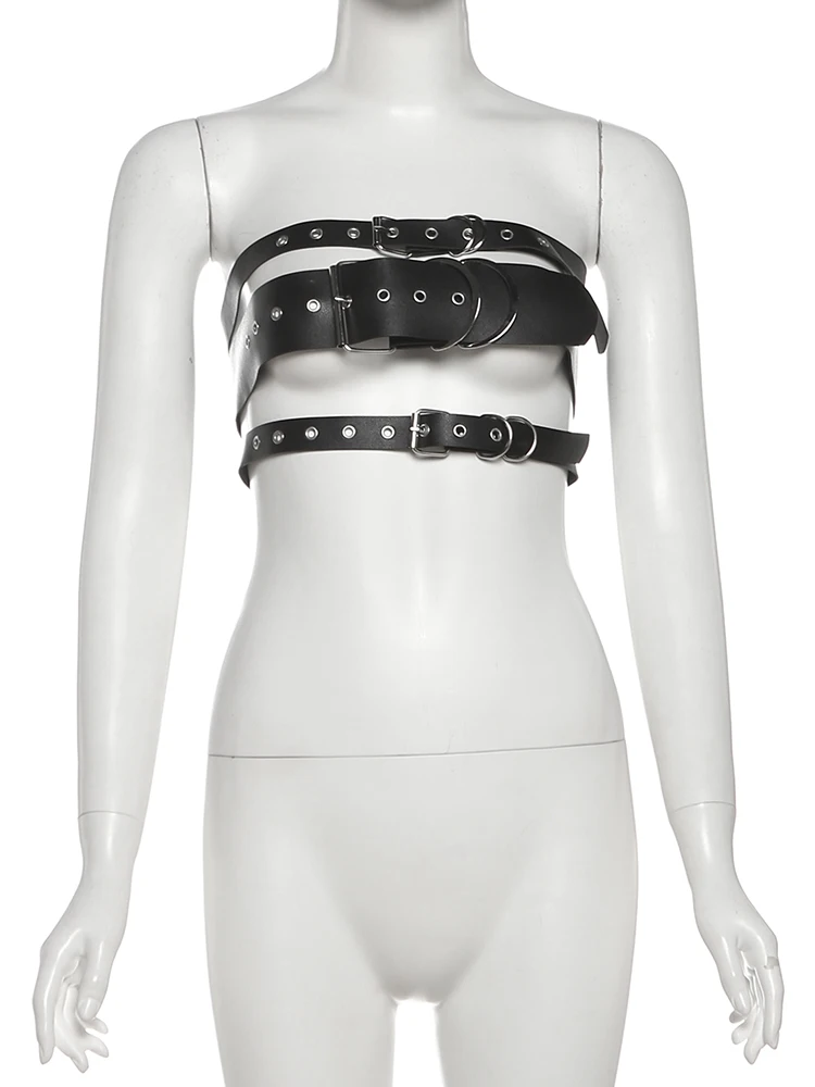 سترة علوية مجوفة من جلد البولي يوريثان من Sisterlinda سترة نسائية مثيرة بإبزيم معدني بدون أكمام من Coquette منتصف الليل للحفلات والنوادي Hottie Punk Style Vest #6