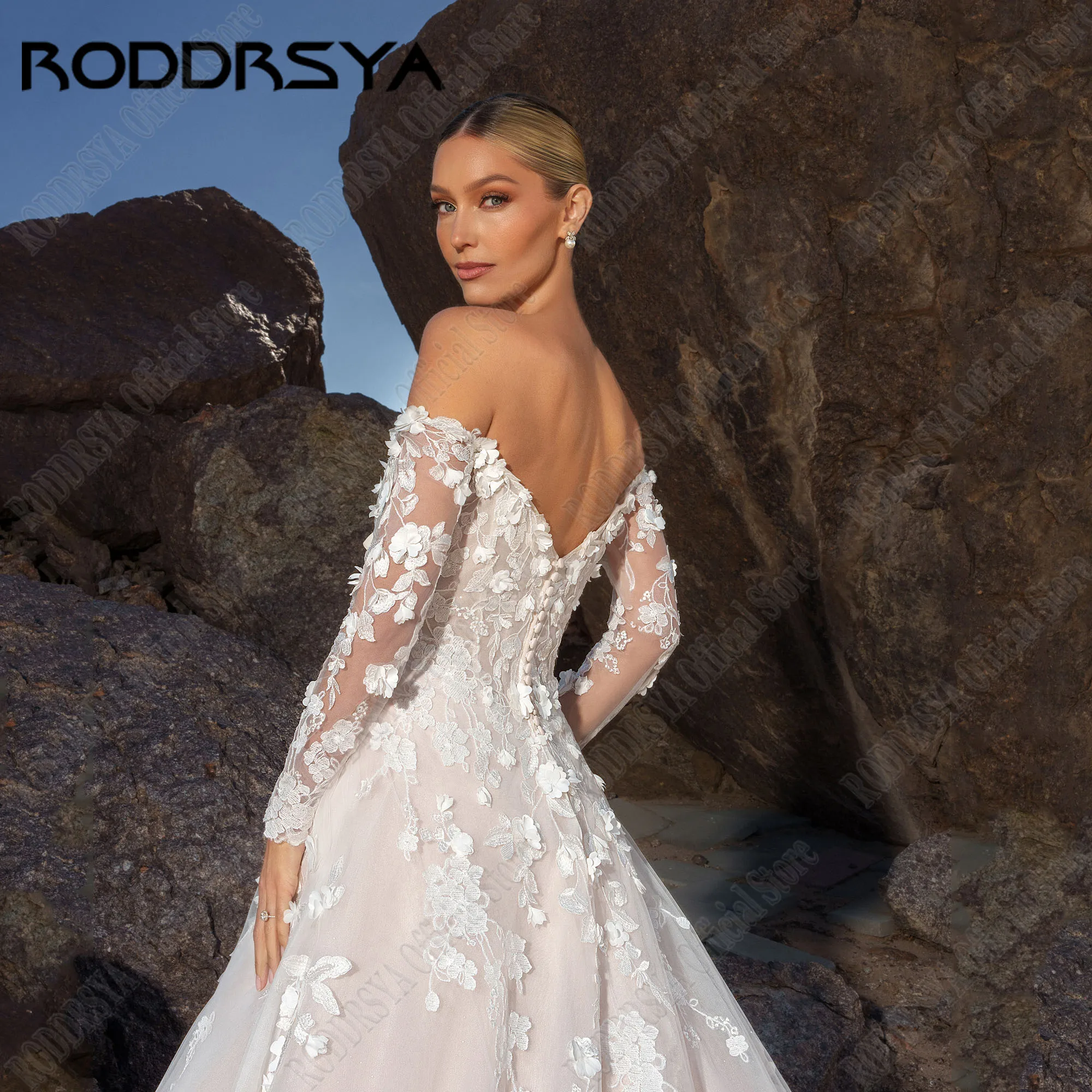 RODDRSYA Personalizado Praia Backless Lace Vestido De Noiva 2025 Noiva Flores A Linha vestidos de novia Luxo Vestido De Noiva Manga LongaRODRSYA Personalizado Praia Backless Lace Vestido de Noiva 2025 Noiva Flores A Li