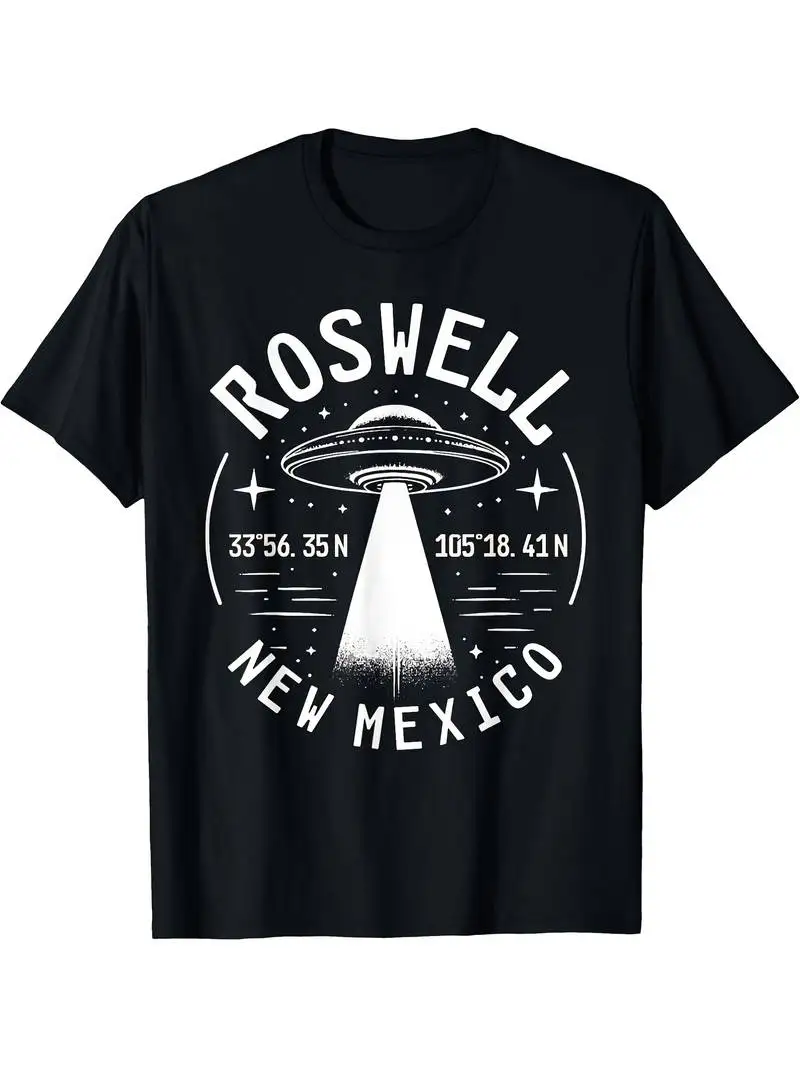 1Pc Roswell New Mexico Ufo Graphic T-Shirt For Men Black Crew Neck Vintage Alien Area 51 Design Loose Fit Casual Knit Top Sci Fi