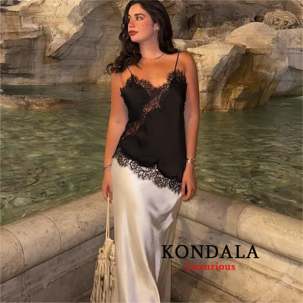 KONDALA סקסי שיק שחור תחרה חולצות נשים V צוואר תיקול ללא שרוולים Y2K ילדה טופ אופנה 2025 קיץ סתיו חופשה חוף טופ