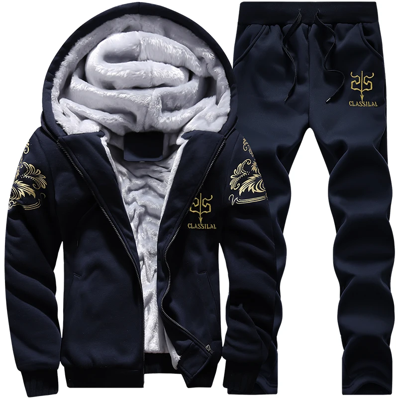 New Winter Thick Men Sports Suit Tracksuit Hooded Sportswear Zipper Cardigan Hooded Woolen trousers Pants Casual Men Set