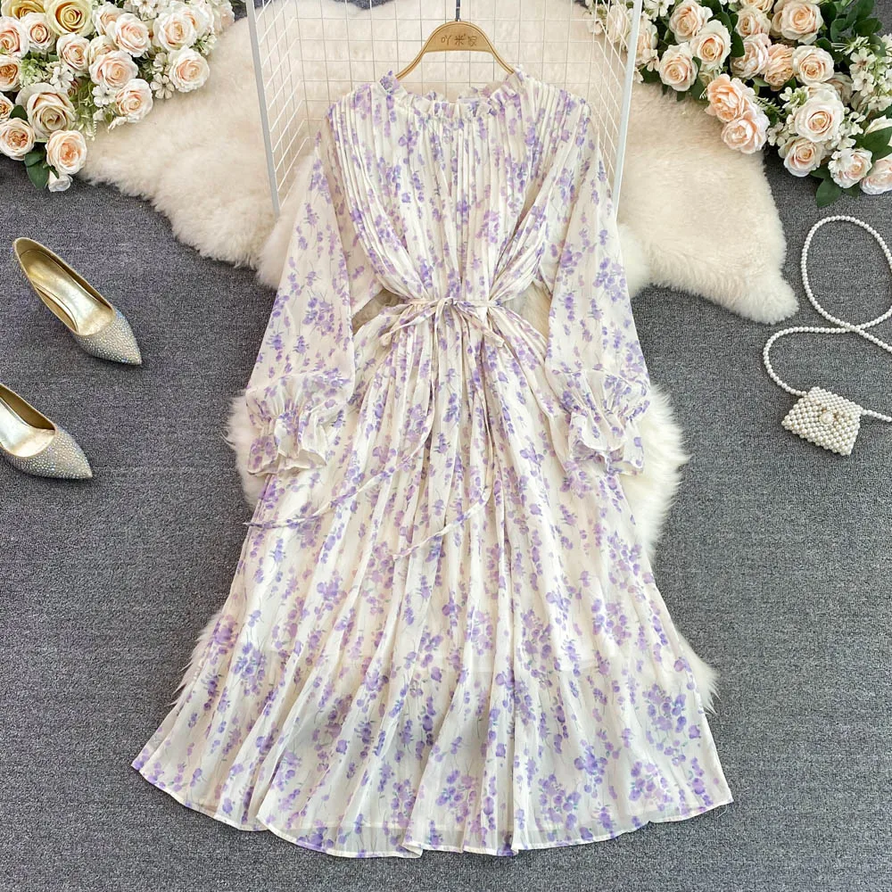 

Fragmented Flower Skirt Spring Autumn First Love Fairy Skirt Short Round Neck Bubble Long Sleeve Pleated Waist Slim A-line Dress