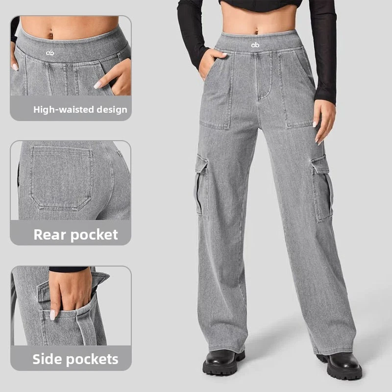 2026 Women Plus Size Colorful Denim Cargo Pants Elastic Waist Multi‑Pockets Loose Fitness Sportswear Daily Casual Long Trousers