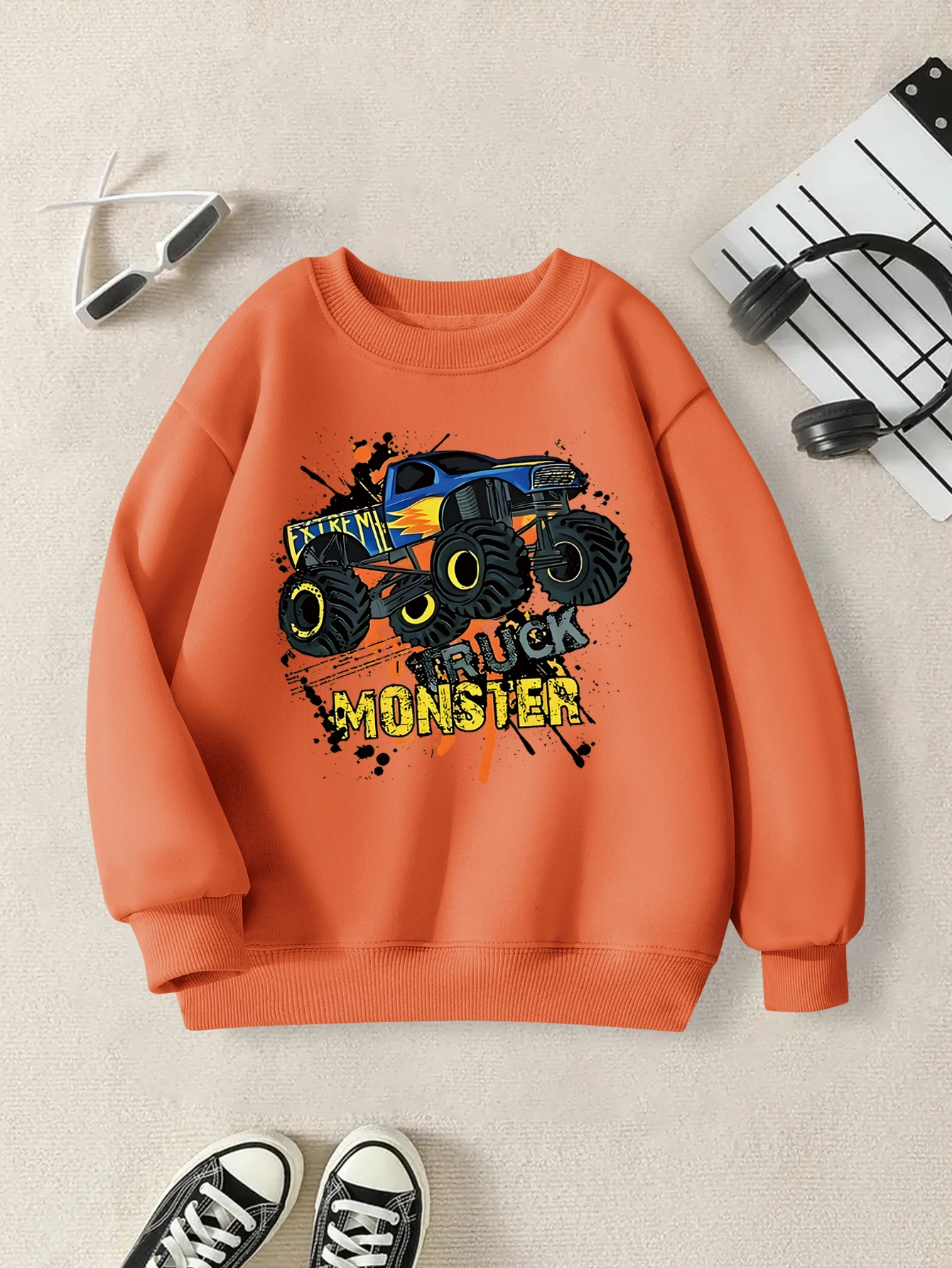 남아용 후드티; 편안하고 통기성 좋은 소재; 프린트 패턴; 가을용 아동 패션 라운드넥 상의.