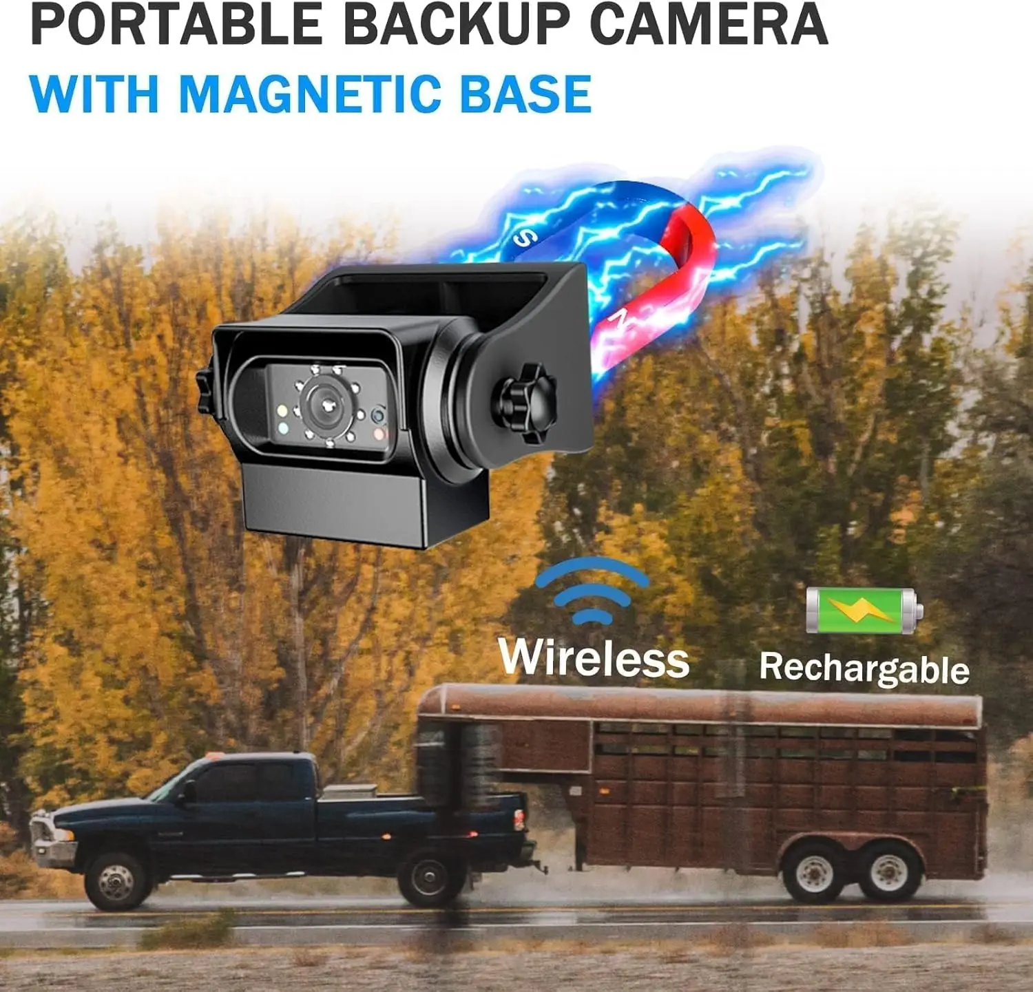 Wireless Hitch Camera with WiFi, Magnetic Mount, Night Vision for Trailers, RVs, Trucks - iPhone/Android Compatible