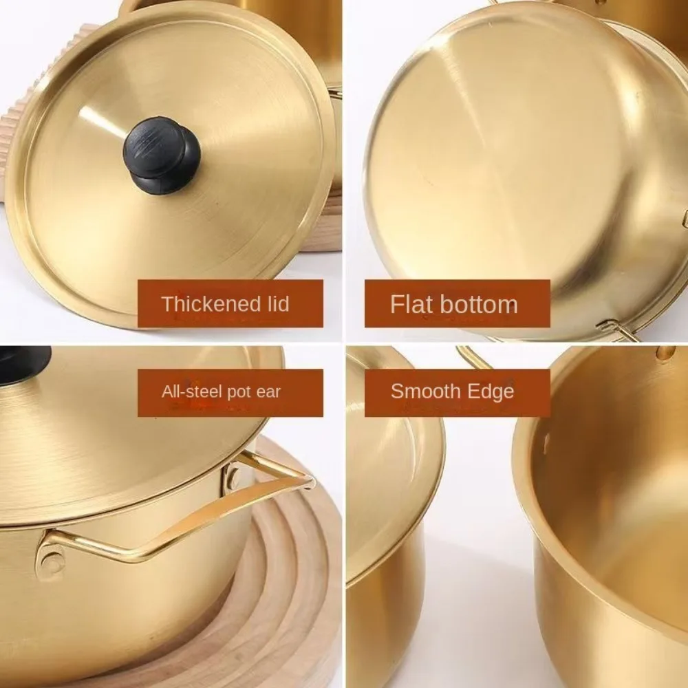 New Mini Ramen Pot Stainless Steel Gold Plated Soup Pot Double Ear with Lid Hot Pot Camping Cookware