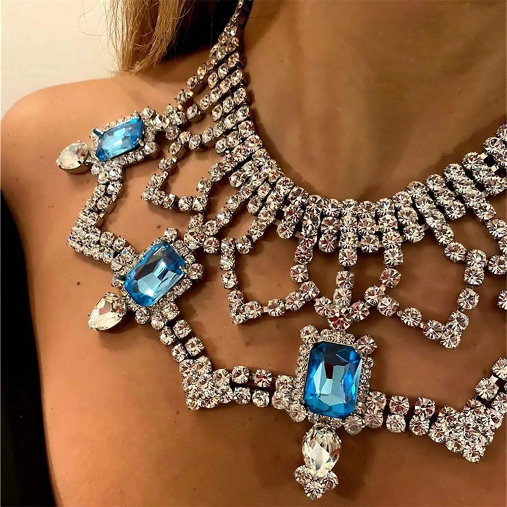 Exquisite Shiny Blue Rhinestone Necklace Jewelry Luxury Romantic Banquet Party Crystal Necklace Jewelry Dressing Accessories