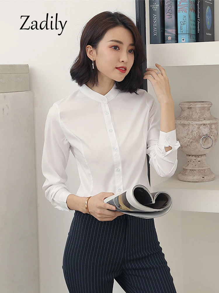 Zadily Office Lady Long Sleeve Women White Basic Shirt Blouse Stand Neck Tunic Button Up Work Female Clothing All Season Tops