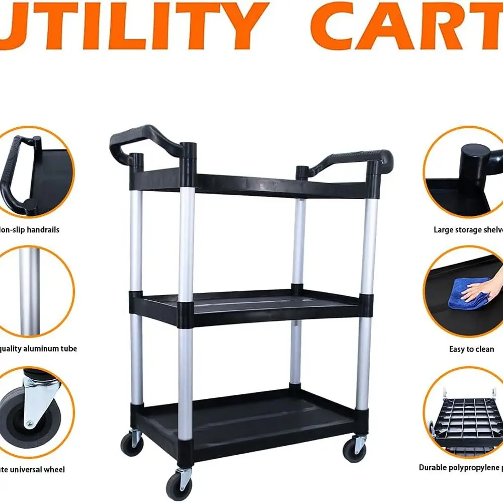 Carrinho utilitário com fechadura para serviço pesado com rodas, capacidade de 390 libras, ideal para restaurante, casa, escritório, cozinha e oficina, preto