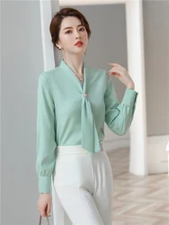 Women's Elegant Bow Tie Shirt Ladies'  Solid Long Sleeve Chiffon Shirts Casual Blouses Vintage Tops Mint Green Spring Autumn