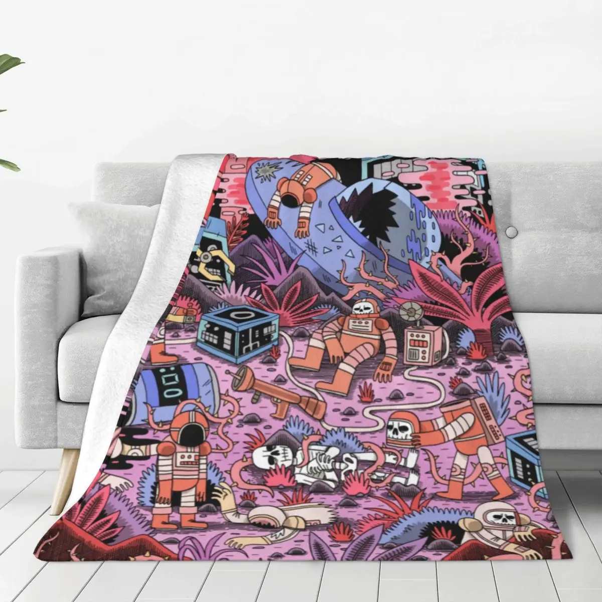 Skull Astronaut Blanket UFO Ocean Pink Camping Flannel Throw Blanket Super Soft Couch Chair Custom DIY Bedspread Gift