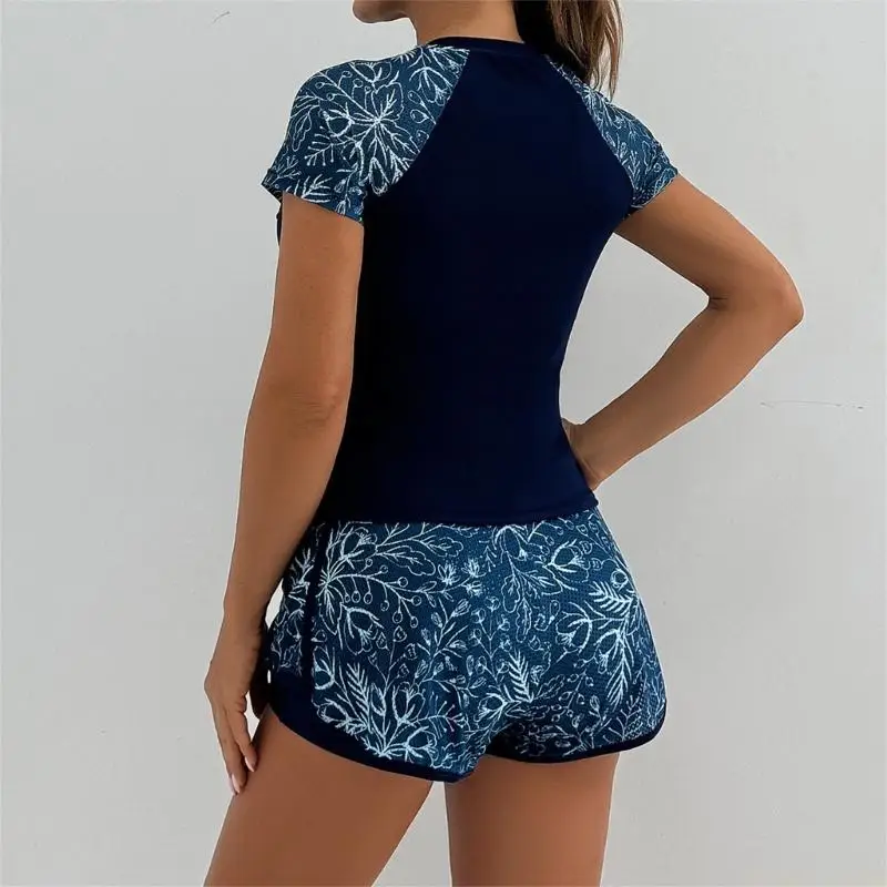 M5TC Women Sporty Rushguard Quick Drying Swimwears Set 2 Piece Short Sleeve Swimsuit